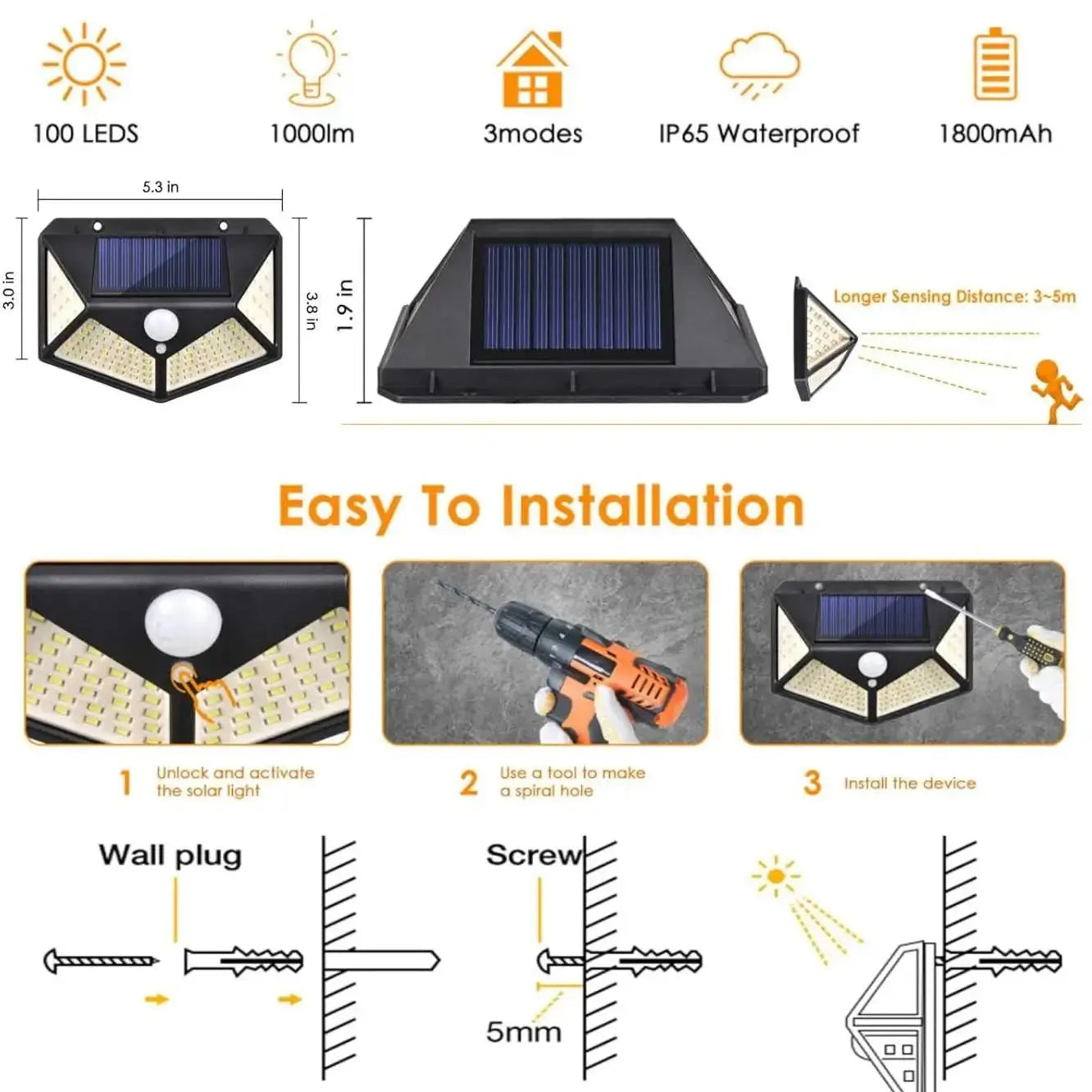 Solar Wall Street Light – 100LED PIR Motion Sensor Garden Decor